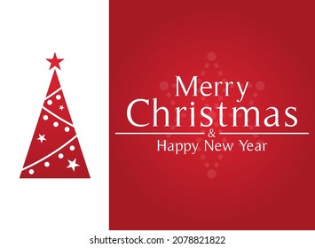 Merry christmas and happy new year red pine xmas tree. Holiday decoration card design. Flat design vector illustration.