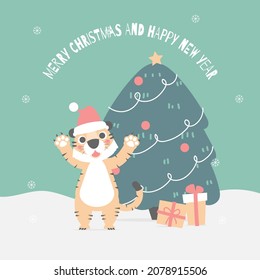 merry christmas and happy new year with cute tiger, gift box and christmas tree pine in the winter season green background, flat vector illustration cartoon character costume design
