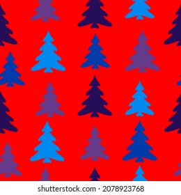 Merry Christmas, Happy New Year seamless pattern with Christmas trees for greeting cards, wrapping paper. Seamless christmas pattern with christmas trees, bows, snowflakes on colored background