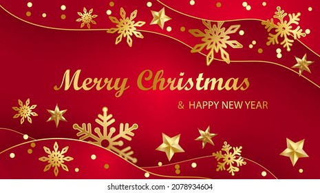 Merry Christmas and Happy New Year design with gold stars and snowflakes, vector.