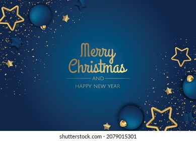 Merry Christmas and Happy New Year greeting card. Christmas holiday background with fir tree, snowflakes, balls.