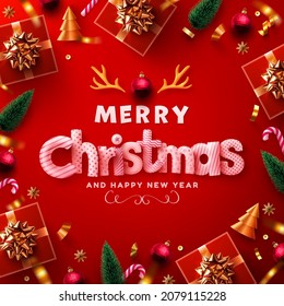 Merry Christmas and Happy New Year Poster or banner with red gift box and christmas element for Retail,Shopping or Christmas Promotion in red and gold style. Vector illustration eps 10