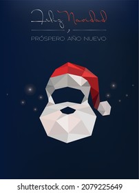 "Merry Christmas and happy New Year" text in Spanish. Christmas card with Santa Claus face in polygons