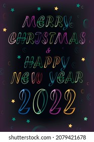 Merry Christmas and Happy New Year 2022. Artistic colorful letters and numbers with neon effect. Dark purple background with bright stars. Vector Illustration