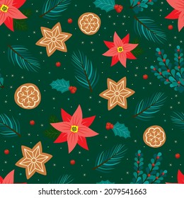 Merry Christmas and happy New Year pattern. Retro style. Gingerbread. Christmas tree toy.