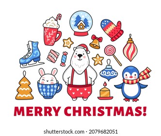 Merry christmas and happy new year banner, greeting card, poster, print. Polar bear, kawaii penguin, cute bunny, figure skates and decorations. Vector cartoon illustration.