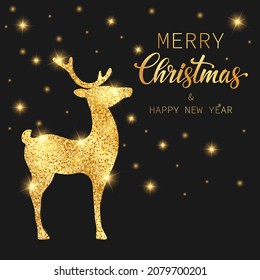 Merry Christmas and Happy New Year. Gold deer on a black background. Festive vector illustration for your design.