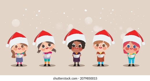 Merry christmas and happy new year cute character singing christmas carol song.