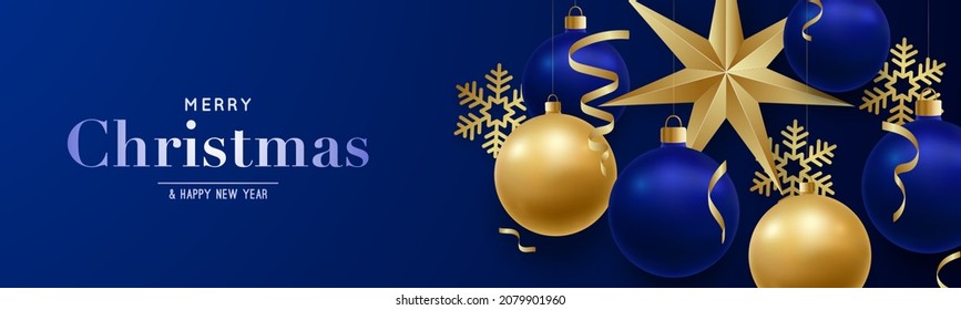 Merry Christmas and Happy New Year horizontal banner. Festive background with realistic Christmas balls, star and decorative snowflakes. Stock vector illustration.