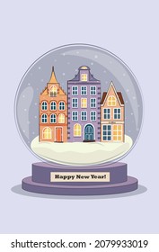 Merry Christmas and Happy New Year 2023! postcard for the new year holidays. Snowy Amsterdam, Netherlands. multicolored famous houses in a glass festive ball.