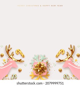 Merry Christmas and Happy New Year gift card. Xmas Holiday Background. Realistic 3d design, gift boxes, Christmas pink deer, decorative snowflakes and candies. Gold confetti. Vector illustrator