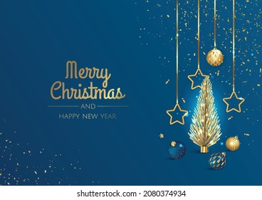 Merry Christmas and Happy New Year greeting card. Christmas holiday background with fir tree, snowflakes, balls.
