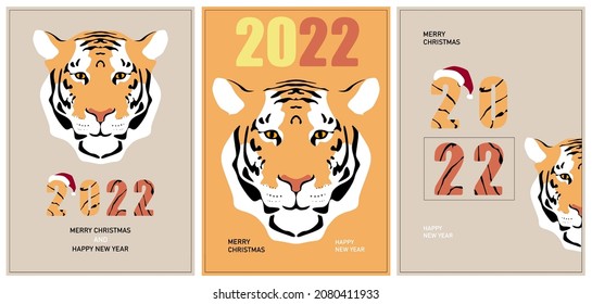 Merry christmas and a happy new year! Set of greeting cards, posters, covers. Tiger symbol of 2022.