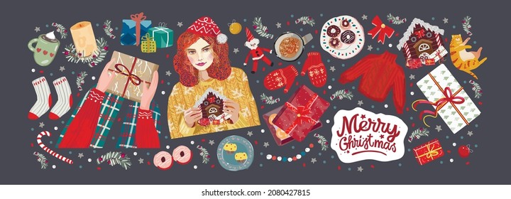 Merry Christmas and Happy New Year! Vector illustrations of holiday, gifts, Santa Claus woman, hands, sweater, mittens, knitted, socks, house, cat. Drawings for card, poster or background