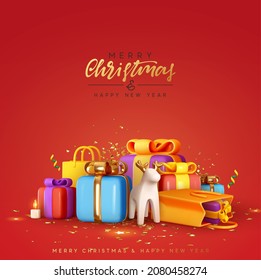 Merry Christmas and Happy New Year background. Realistic 3d design of Christmas Pile of colorful gift boxes, present box, bag gifts surprise. Holiday banner, poster, greeting card. Vector illustration