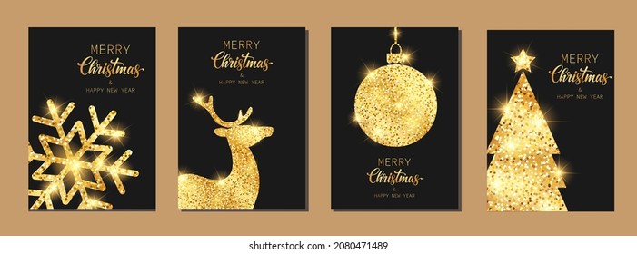 Merry Christmas and happy new year. Set with greeting cards Christmas tree, snowflakes, deer. Vector illustration.