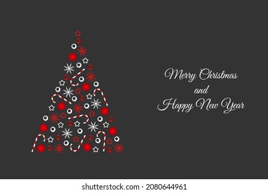 Merry Christmas and Happy New Year background. Luxury design with Christmas tree from red and white stars, beads, snowflakes, circles, candy canes and lettering on black matte background