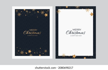 Merry Christmas And Happy New Year Greeting Card Decorated By Golden Snowflakes, Stars In Two Color Options.