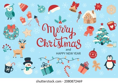 Merry Christmas and happy New Year card or banner with lettering and cute holiday attributes. Vector illustration 