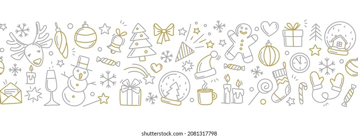 Merry Christmas Happy New Year seamless background pattern. Vector illustration doodles, thin line art sketch icons style concept