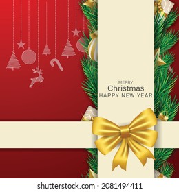 Merry christmas and happy new year poster template design with decorative pine leaves, christmas light and gifts . vector illustration.