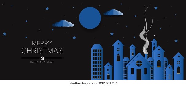 Merry Christmas and Happy New Year banner. Christmas night city. Holiday poster, header for website, greeting card, flyer. Vector illustration