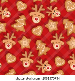 Merry Christmas and Happy New Year seamless pattern with Christmas cookies and gifts.Gingerbread Christmas greeting card pattern. Vector illustration. Trendy retro style. Vector design template.