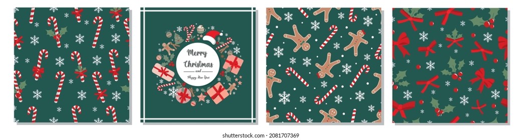 Merry Christmas and Happy New Year Greeting Card and decorative seamless patterns. Beautiful Christmas different patterns set collection on green backgrounds.