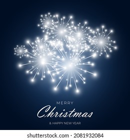 Merry christmas and happy new year festive background with fireworks and sparkle celebration lights. Xmas and new year firework on dark blue backdrop. Holiday christmas background. Vector illustration