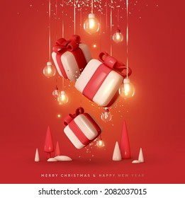 Merry Christmas and Happy New Year background. Realistic 3d Xmas design, falling gift boxes and gold confetti hanging on ribbon glass balls decoration light garland Christmas tree. Vector illustration
