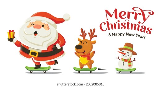 Merry Christmas and happy new year greeting with cute Santa Claus, snowman and reindeer riding skateboard. Holiday in winter season