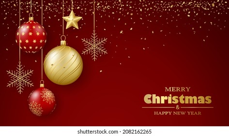 Merry Christmas and Happy New Year greeting card. 3D realistic gold and red glass balls, star and snowflakes on ribbons. Vector illustration.