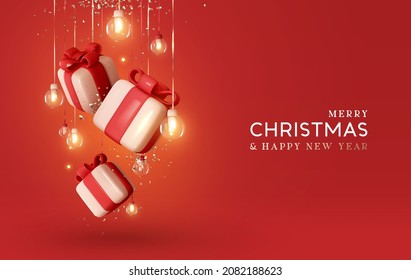 Merry Christmas and Happy New Year background. Realistic 3d Xmas design, falling gift boxes and golden confetti hanging on ribbon glass balls decoration light garland. Vector illustration