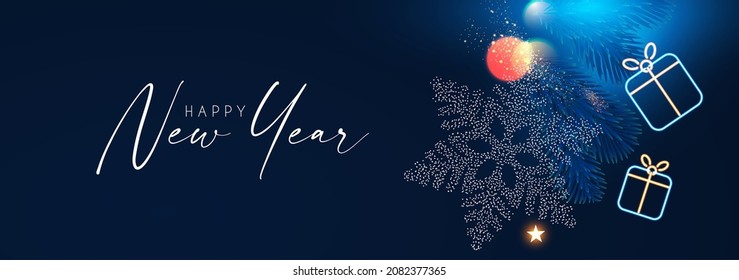 Merry Christmas and Happy New Year Holiday background with neon gift box, snowflake, fir tree branch, bokeh effect and lights.