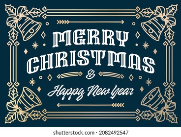 Merry Christmas and happy new year greeting card with border frame bells Christmas Line art Style. Vector illustration
