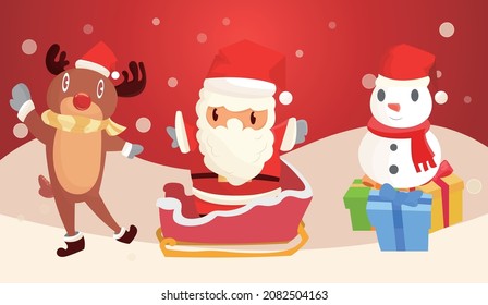Merry Christmas and Happy New Year greeting card with cute Santa snowman gifts and deer in Christmas snow scene premium vector