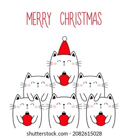 Merry Christmas Happy New Year. Christmas tree cats. Triangle shape. Cute cartoon kawaii pet set. Doodle line kitten kitty. Santa Claus red hat. Xmas ball toy. Flat design. White background. Vector