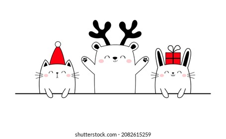 Merry Christmas Happy New Year. Cute cat bear bunny. Red Santa hat, deer horns. Funny kawaii doodle animal set. Line kitten kitty rabbit. Cartoon funny baby pet. Flat design. White background. Vector