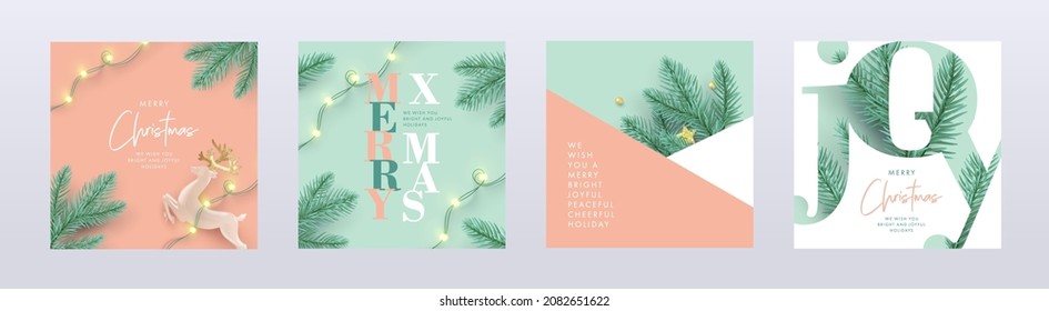 Merry Christmas and Happy New Year Set of backgrounds, greeting cards, posters, holiday covers. Xmas Design with realistic fir tree branches, deer and garlands lights in modern 3d realistic style