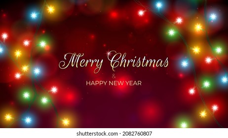 Merry Christmas and happy new year holiday greeting card. Colourful christmas lights. Glowing xmas garland. Gold lettering. Glowing lights on red background. Vector holiday xmas party banner design