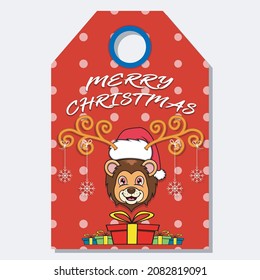 Merry Christmas Happy New Year hand drawn label tag With Cute Lion Head Character Design. Vector and Illustration.