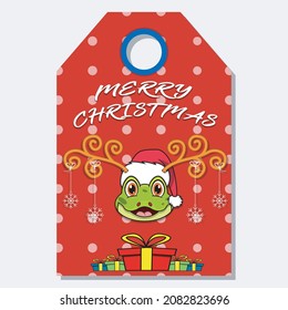 Merry Christmas Happy New Year hand drawn label tag With Cute Frog Head Character Design. Vector and Illustration.