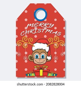 Merry Christmas Happy New Year hand drawn label tag With Cute Monkey Head Character Design. Vector and Illustration.