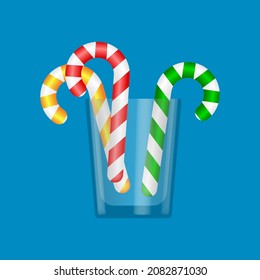 Merry Christmas and Happy New Year illustration. Festive composition with color candy canes in a transparent glass