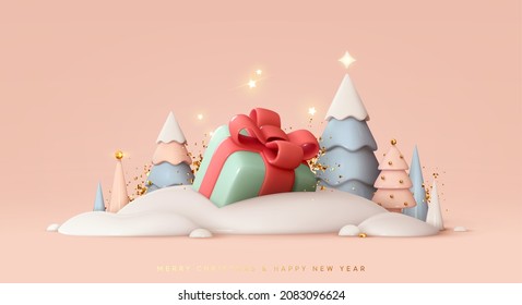 Merry Christmas   Happy New Year festive 3d composition and realistic Christmas trees  gifts box in snow drift  golden confetti  Xmas background winter nature  Holiday design  Vector illustration