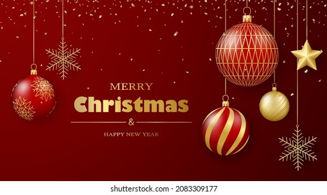 Merry Christmas and Happy New Year greeting card. Gold and red glass balls and confetti. 3d realistic vector illustration.