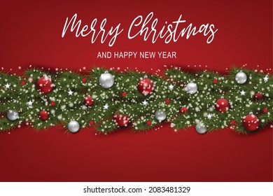 Merry Christmas and Happy New Year greeting card. Fir tree branch decoration with snow on red background and typography text. Realistic vector illustration.