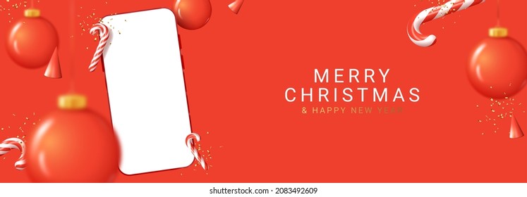 Merry Christmas and Happy New Year banner. Holiday mockup with smartphone with blank screen. Vector illustration with Christmas composition. Happy New Year card with mobile device.