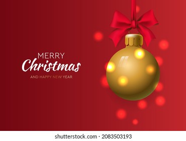 Merry Christmas and Happy New Year. Xmas golden ball. Festive xmas decoration gold bauble, hanging on the ribbon, vector illustration