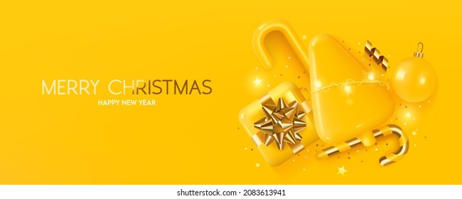 Merry Christmas and happy new year background. Yellow 3D Christmas tree with gift box, Christmas ball, candy cane, Christmas light garland and confetti on a yellow background. Greeting card design. 